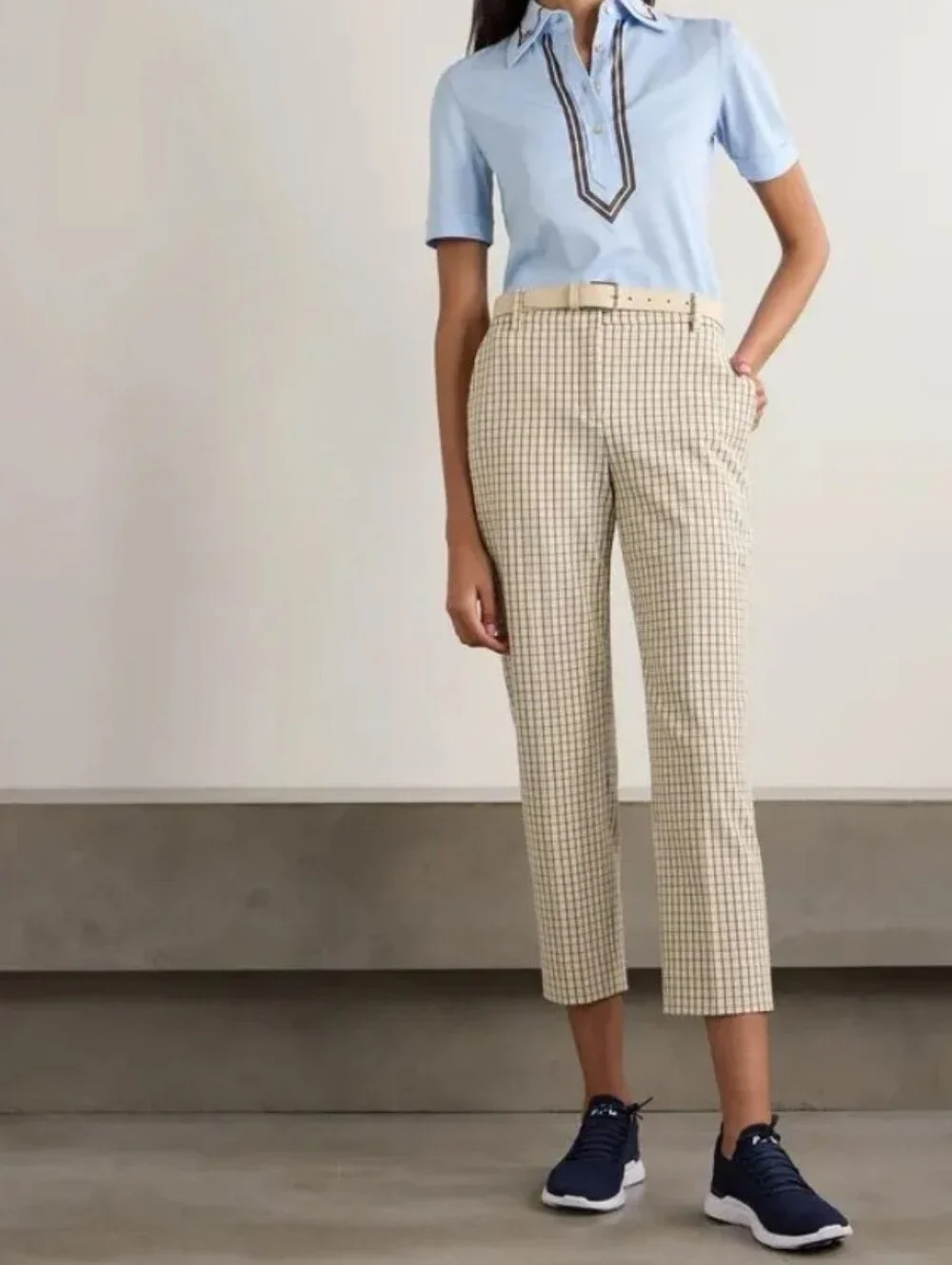 TORY BURCH Checked Cropped Twill Pants Women's 4 Cream Black Office